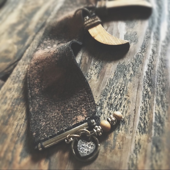 Necklace  and earrings Dip Dye Italian Leather&Rustic Wood & Metal Horns - Picture 7 of 8